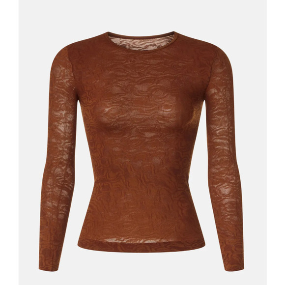 Rodebjer Brown Lace Mesh Top XS SMALL Sheer Bodycon Crewneck Shell Designer $85 - Picture 4 of 9